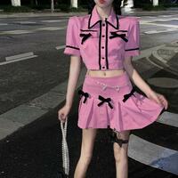 2PCS Pink Plaid Lapel Bow Puff Sleeve Crop Top + Mini Skirt - Thumbnail 7