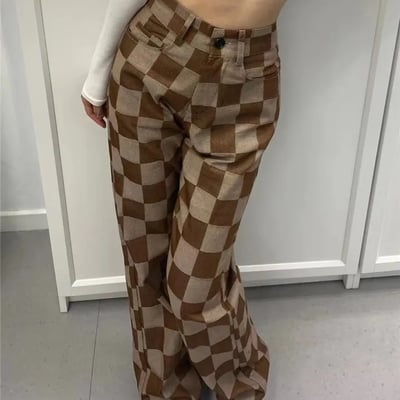 Brown checkered high waist wide leg pants 