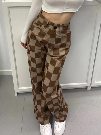 Brown Checkered High Waist Wide Leg Pants 