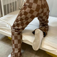 Brown Checkered High Waist Wide Leg Pants  - Thumbnail 4