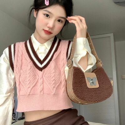 Pink cable knit v neck sweater vest