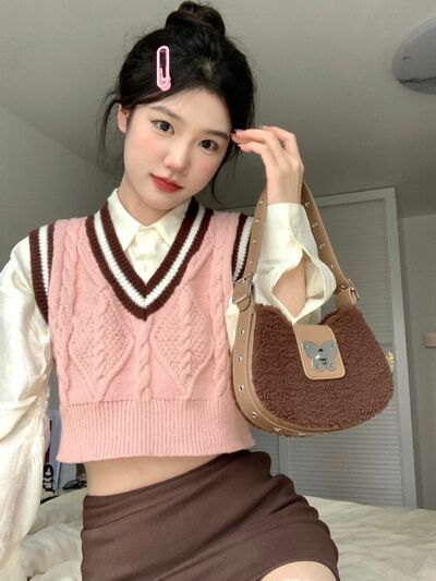 Pink Cable Knit V Neck Sweater Vest