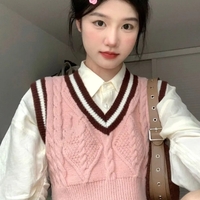 Pink Cable Knit V Neck Sweater Vest - Thumbnail 1