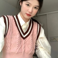 Pink Cable Knit V Neck Sweater Vest - Thumbnail 3