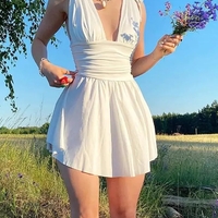 Irregular Tie Up Ruched V Neck Dress - Thumbnail 1