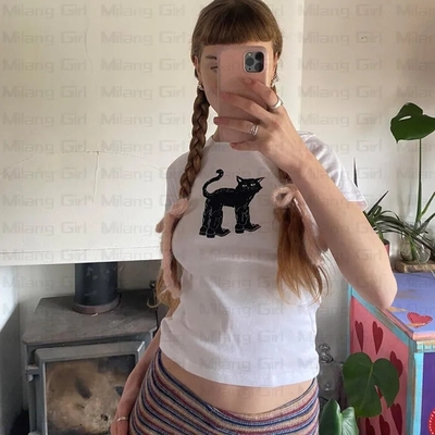 Cat Print Crew Neck Crop Top 