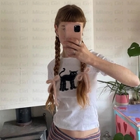 Cat Print Crew Neck Crop Top  - Thumbnail 1