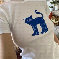 Cat Print Crew Neck Crop Top  - Thumbnail 2