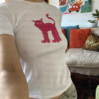 Cat Print Crew Neck Crop Top  - Thumbnail 4