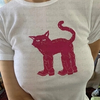 Cat Print Crew Neck Crop Top  - Thumbnail 5