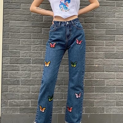 Butterfly embroidery high waist denim jeans - Thumbnail 4
