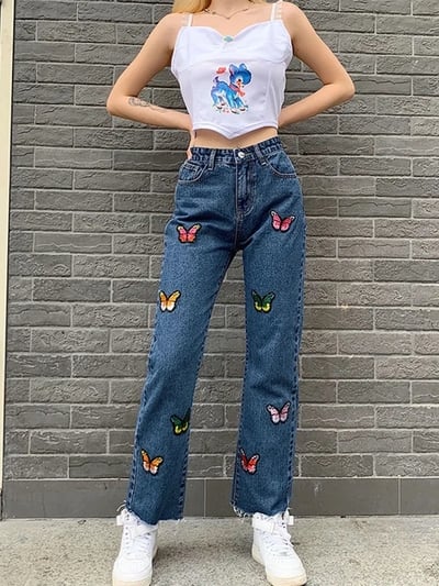 Butterfly Embroidery High Waist Denim Jeans