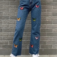 Butterfly Embroidery High Waist Denim Jeans - Thumbnail 1