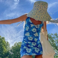 Blue Hibiscus Print Mini Dress - Thumbnail 1