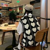 Heart Knit V Neck Loose Sweater Vest - Thumbnail 1