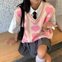 Heart Knit V Neck Loose Sweater Vest - Thumbnail 2