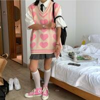 Heart Knit V Neck Loose Sweater Vest - Thumbnail 4