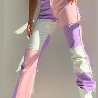 Pink & Purple Patchwork High Waist Pants - Thumbnail 4