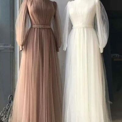 A line high neck tulle long sleeve muslim prom dresses - Thumbnail 1