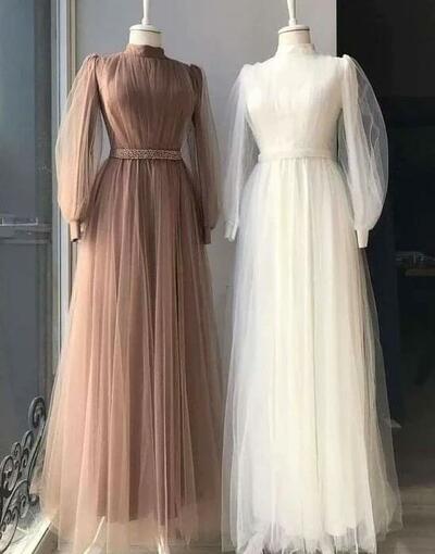 A Line High Neck Tulle Long Sleeve Muslim Prom Dresses