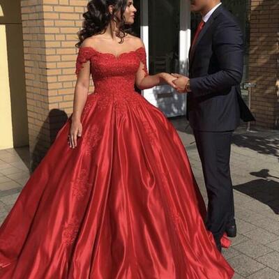 Off shoulder burgundy ball gown satin appliques prom dresses - Thumbnail 2