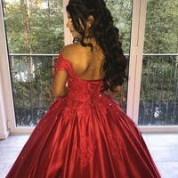Off Shoulder Burgundy Ball Gown Satin Appliques Prom Dresses - Thumbnail 1