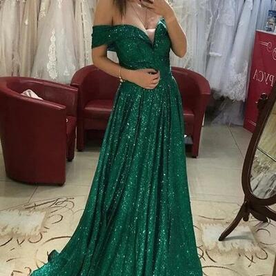 Off-the-shoulder green sequins long evening dress - Thumbnail 2