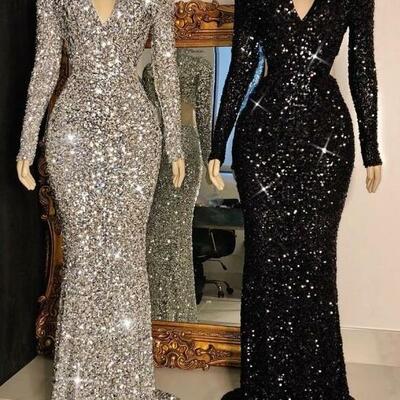 Glittering sequins v-neck prom dress with long sleeves  - Thumbnail 1