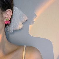 Pink Cherry Crystal Pretty Cute Women Earrings Earclips - Thumbnail 3