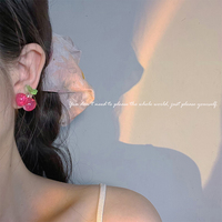 Pink Cherry Crystal Pretty Cute Women Earrings Earclips - Thumbnail 4