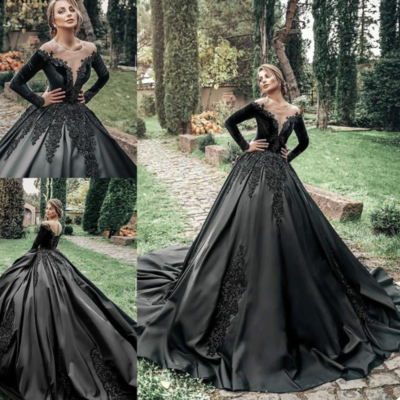 Black wedding dresses bridal gown with sleeves - Thumbnail 1