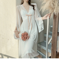 Pure Desire Sexy Lace Thin Loose Pink & White V Neck Strap Nightdress & Robe Two Piece Set Pajamas Sleepwear Nightgown - Thumbnail 8