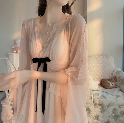 Pure Desire Sexy Lace Thin Loose Pink & White V Neck Strap Nightdress & Robe Two Piece Set Pajamas Sleepwear Nightgown