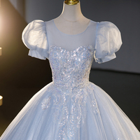 Blue Tulle Sequins Long Prom Dresses, Blue Formal Dress - Thumbnail 1