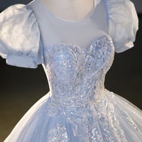 Blue Tulle Sequins Long Prom Dresses, Blue Formal Dress - Thumbnail 2