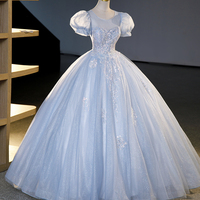 Blue Tulle Sequins Long Prom Dresses, Blue Formal Dress - Thumbnail 3