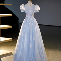 Blue Tulle Sequins Long Prom Dresses, Blue Formal Dress - Thumbnail 5