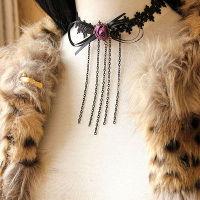 Free ship - black lace purple rose bow gothic goth necklace