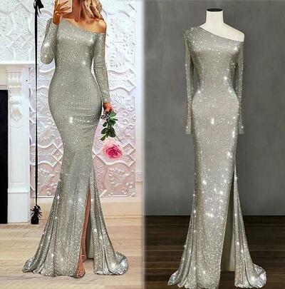Glitter Silver Long Sleeve Split Side Sequin Prom Dresses 
