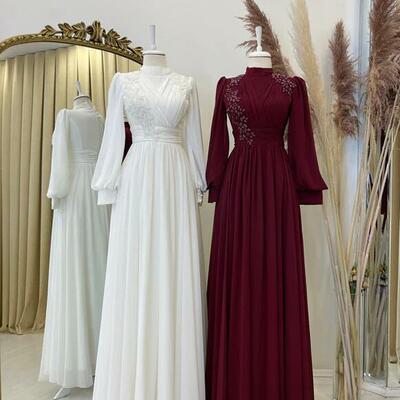 High neck burgundy chiffon beaded long sleeve muslim prom dress  - Thumbnail 1