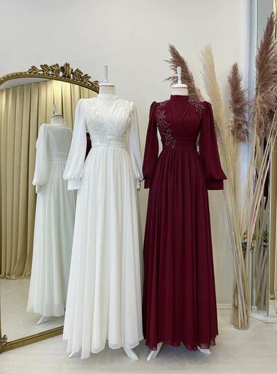 High Neck Burgundy Chiffon Beaded Long Sleeve Muslim Prom Dress 