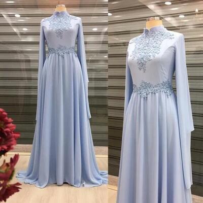 High neckline a line chiffon appliques long sleeve prom dresses 