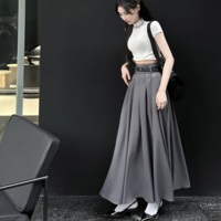 Summer Women Girl Fashion High Waist Pleated A-line Long Gray Grey Pink Skirt - Thumbnail 6