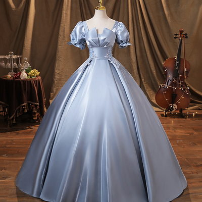 Blue saitn lace long prom dress, blue evening dress - Thumbnail 2