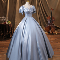 Blue Saitn Lace Long Prom Dress, Blue Evening Dress - Thumbnail 2