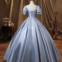 Blue Saitn Lace Long Prom Dress, Blue Evening Dress - Thumbnail 4