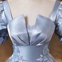 Blue Saitn Lace Long Prom Dress, Blue Evening Dress - Thumbnail 1