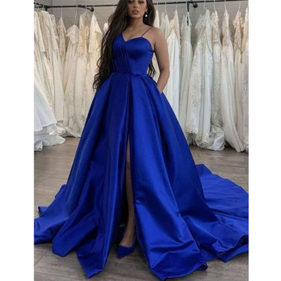 Royal blue prom dresses with pockets slit side - Thumbnail 1