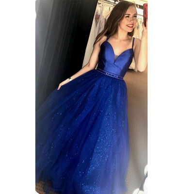 Royal blue prom dresses waist with beading - Thumbnail 2