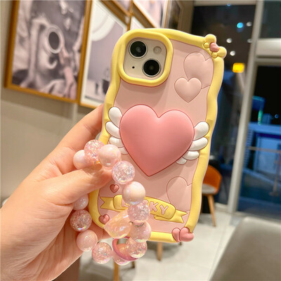 Cartoon cute iphone14pro mobile phone case pink love wings three-dimensional silicone creative personality bracelet phonecase